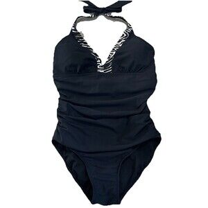 SPANX Black 1 PC SHAPING Ruched Halter Swimsuit Bathing Suit Size Large Zebra